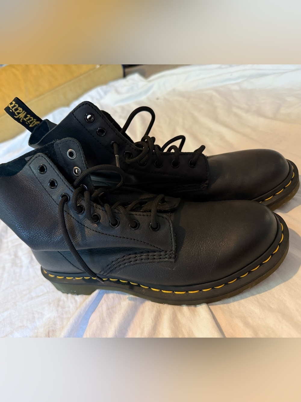 Dr. Martens Black Leather Lace-Up Boots with Yellow Stitching